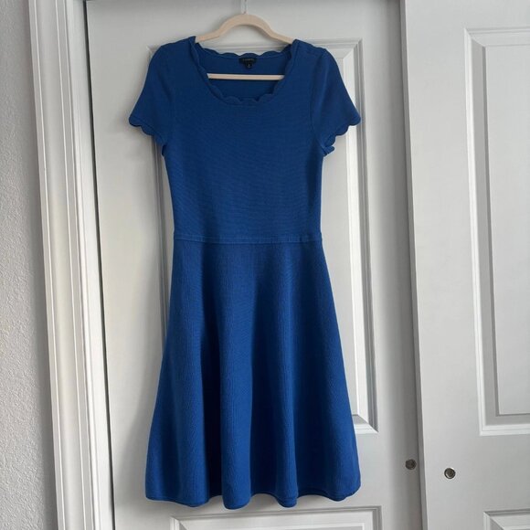 Talbots Scalloped Knit Sweater Dress Sz M Cobalt Blue Fit & Flare Modest A Line - Picture 1 of 10